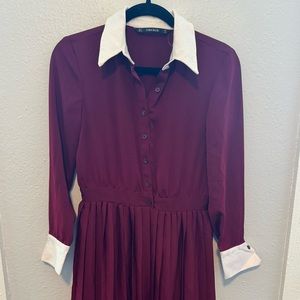 Zara Burgundy Pleated Long Sleeve Dress Small
